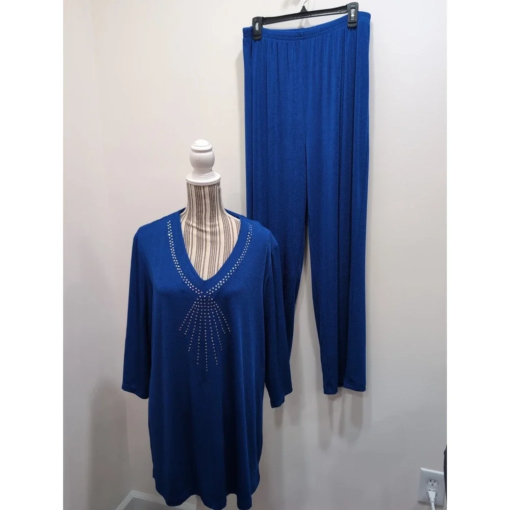 Vintage 90's Quacker Factory Women's 2-Piece Blue Pant Set XL Rhinestone‎ Y2K